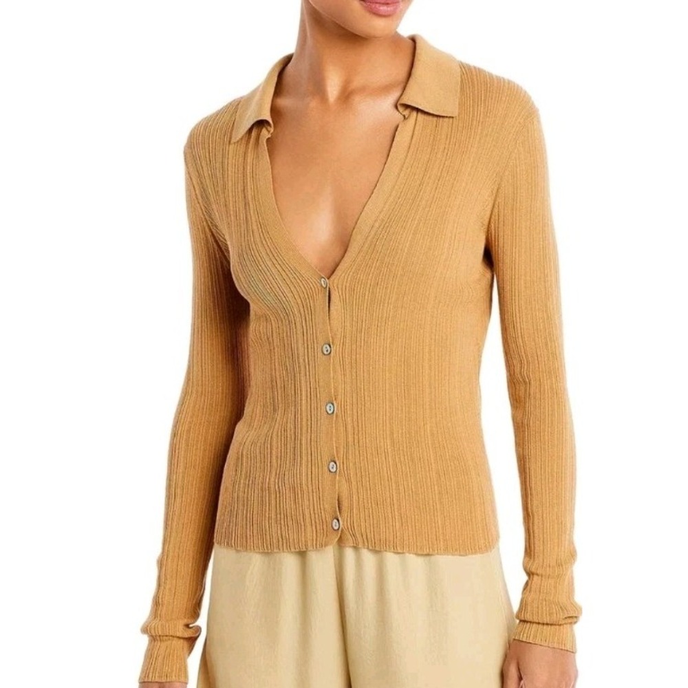Vince Womens Large Pale Walnut Ribbed Polo Collar Cardigan Size L